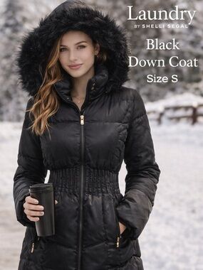 Laundry Shelli Segal Black Down Puffer Coat Faux Fur Hood Small